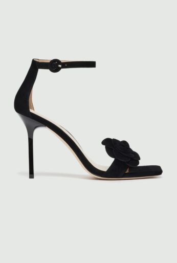 Suede High-Heeled Sandals With Floral Accent