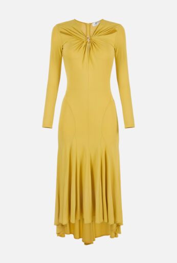 Twist-Front Long-Sleeve Midi Dress