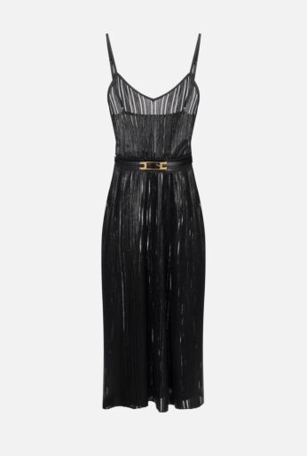 Laminated Pleated Midi Dress with Belt