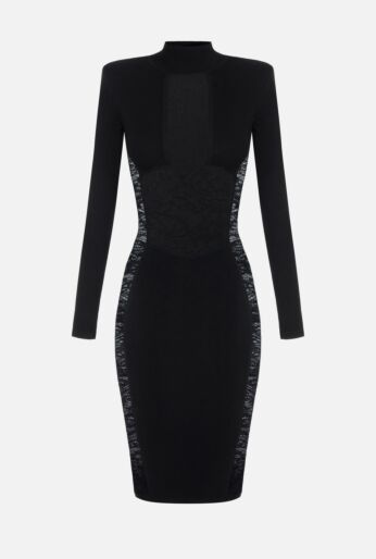 Net and Lace Long-Sleeve Midi Dress