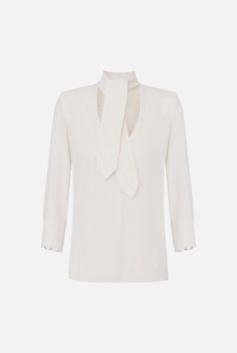 Tie-Neck Crepe Blouse with Scalloped Cuffs