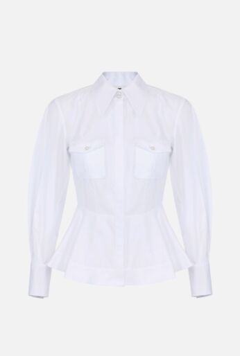 Cotton Popeline Peplum Shirt with Chest Pockets