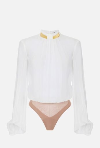 Georgette Sheer Blouse Bodysuit with Gold Collar