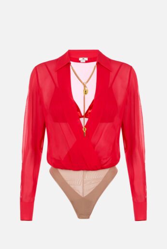 Georgette Wrap Blouse Bodysuit with Chain Necklace