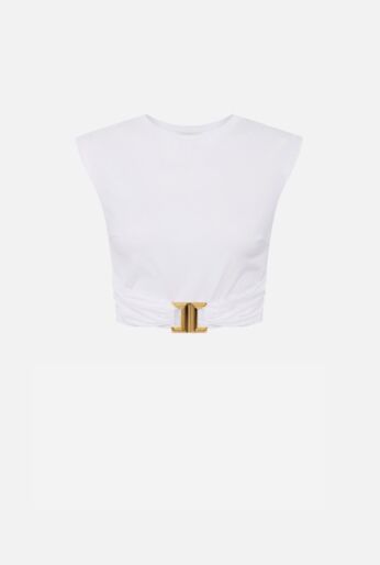 Cropped Cotton Top with Logo Buckle