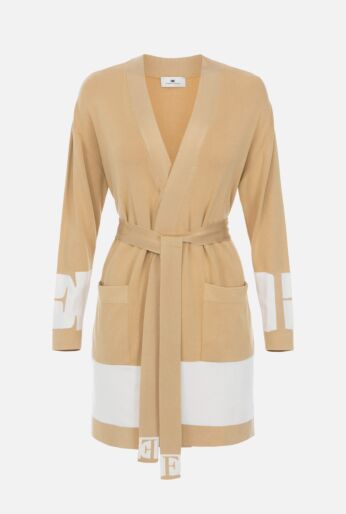 Belted Knit Cardigan with Logo Sleeves