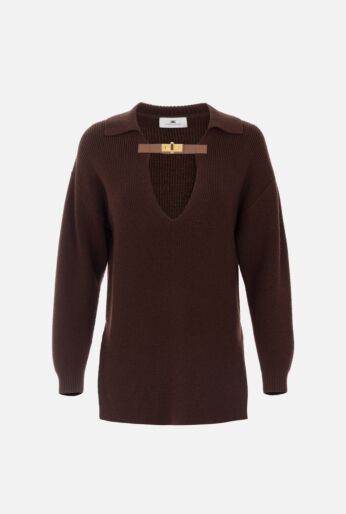 Deep V-Neck Knit Top with Gold Bar Detail