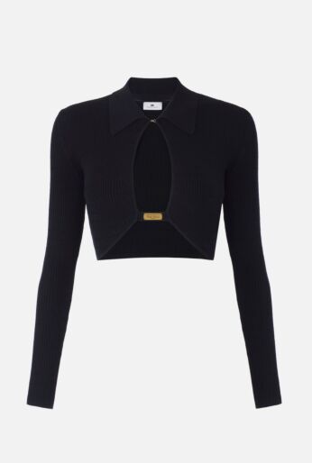 Open-Front Collared Knitted Crop Top