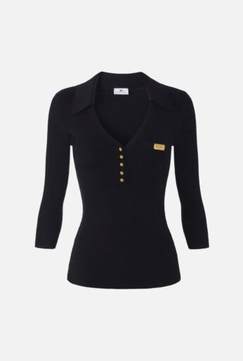 Ribbed Knit Henley Top with Collar