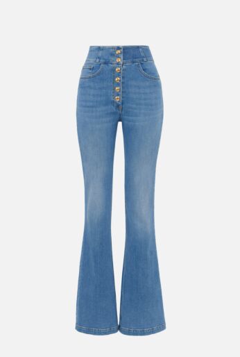 High-Waisted Button-Front Flared Jeans