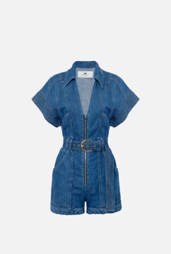 Denim Zip-Up Romper with Belted Waist